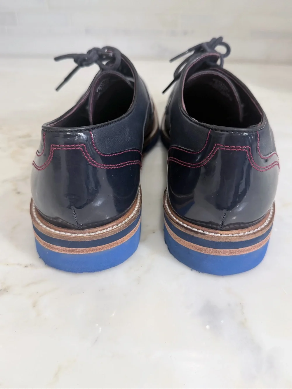 Ted Baker London Navy Leather Cap-Toe Derbys with Brown Welt
